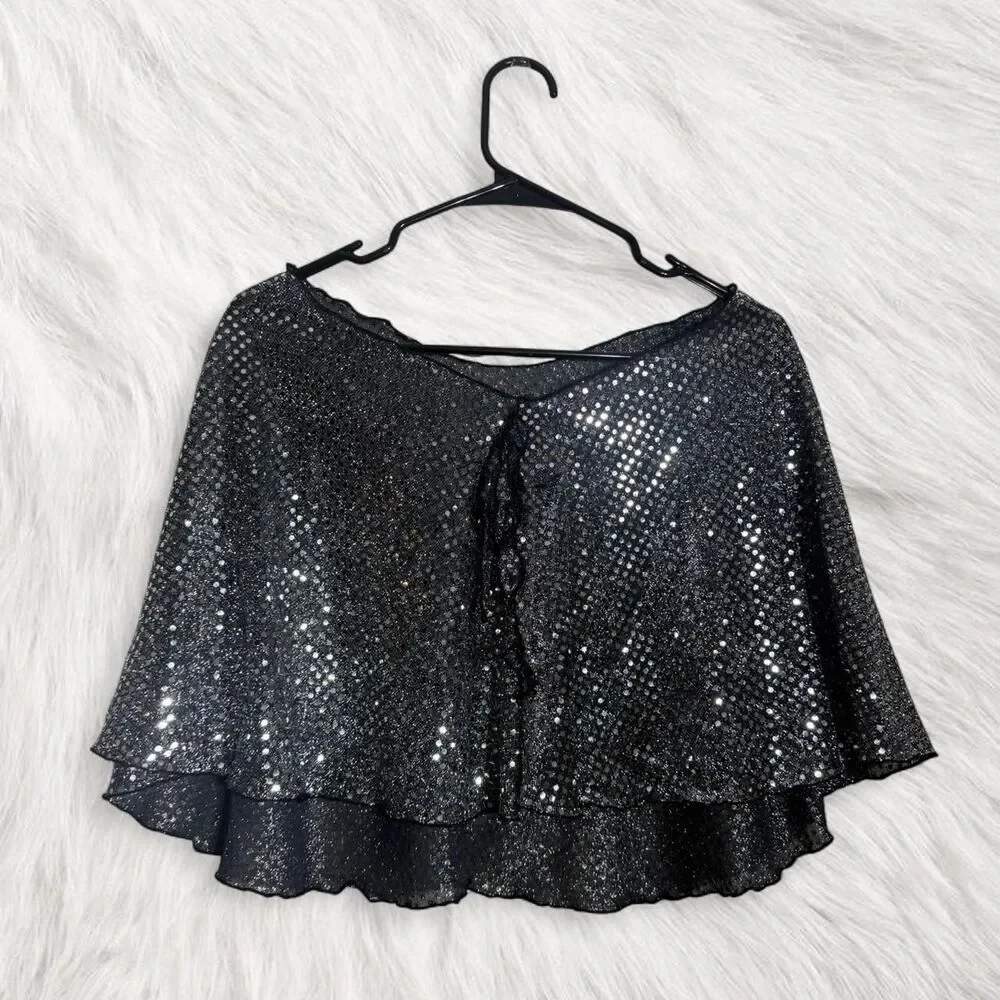 Y2K Black Silver Sequin Cape with tie detail Versatile Party Festival Accessory - Picture 1 of 8